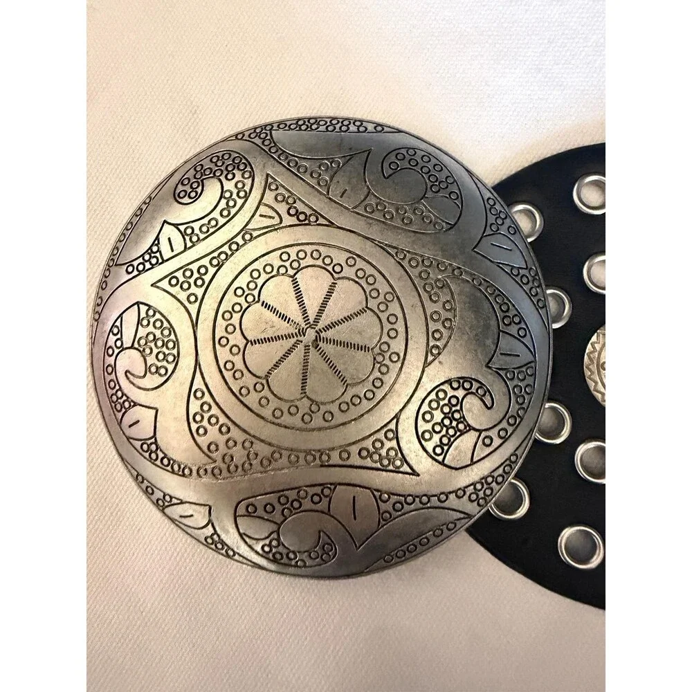 Boho Y2K Leather Disc Concho Belt Black Brass Grommet Statement Belt Western 36'